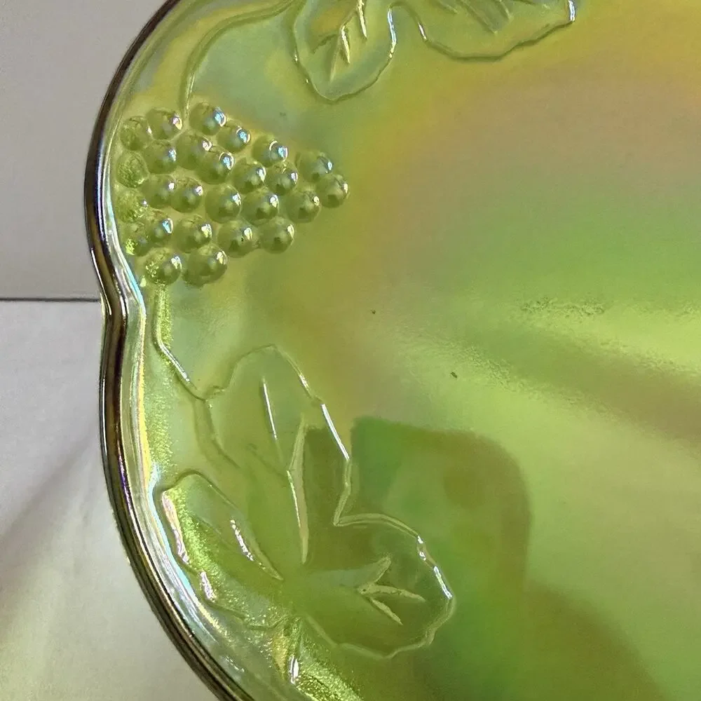 Vtg Indiana Glass Lime Green Carnival Glass Harvest Grape 6 Pc Snack Set 4 Plt 2